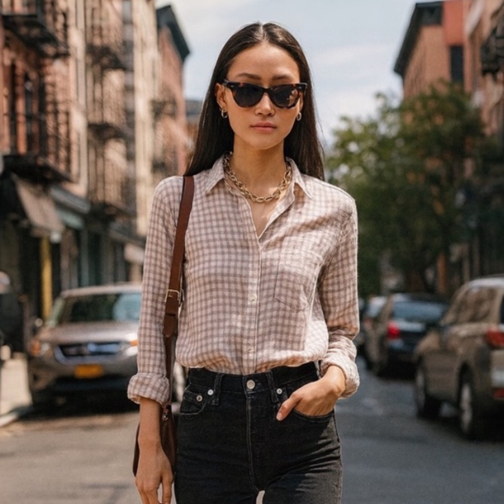 Rails Checkered Seersucker Button Down Shirt Pink White XS Oversized